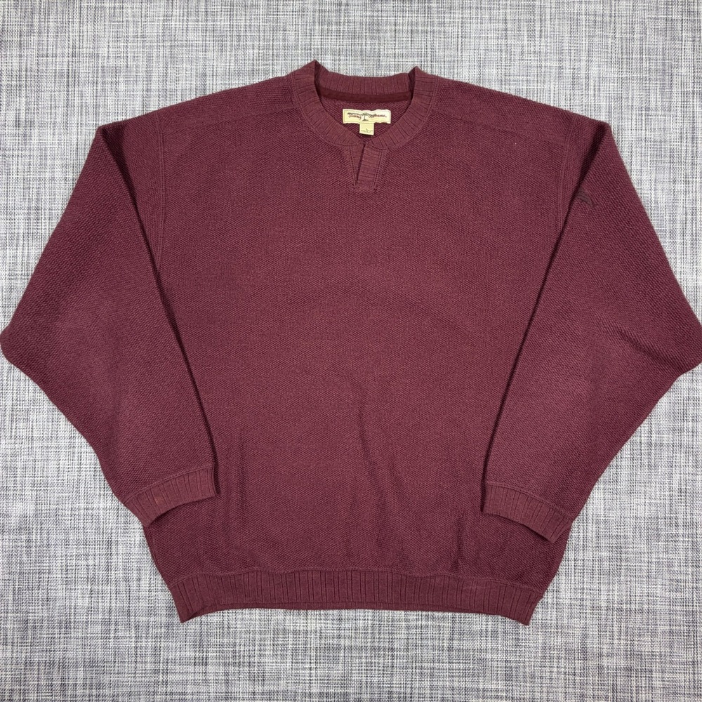 Tommy Bahama Men's Sweater Burgundy Large Cotton V Notch Knit Pullover Ribbed